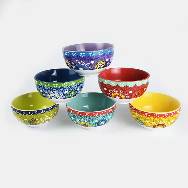 Ceramic bowl with decal in two-tone solid color
