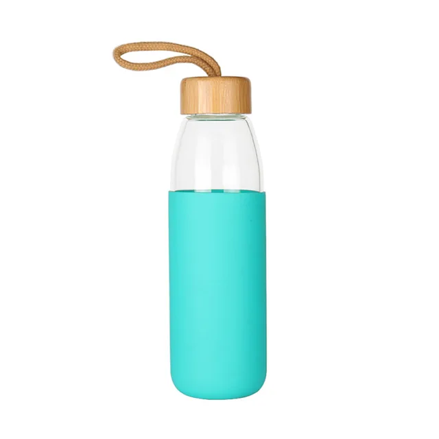 Glass water bottle with bamboo lid and silicone sleeve