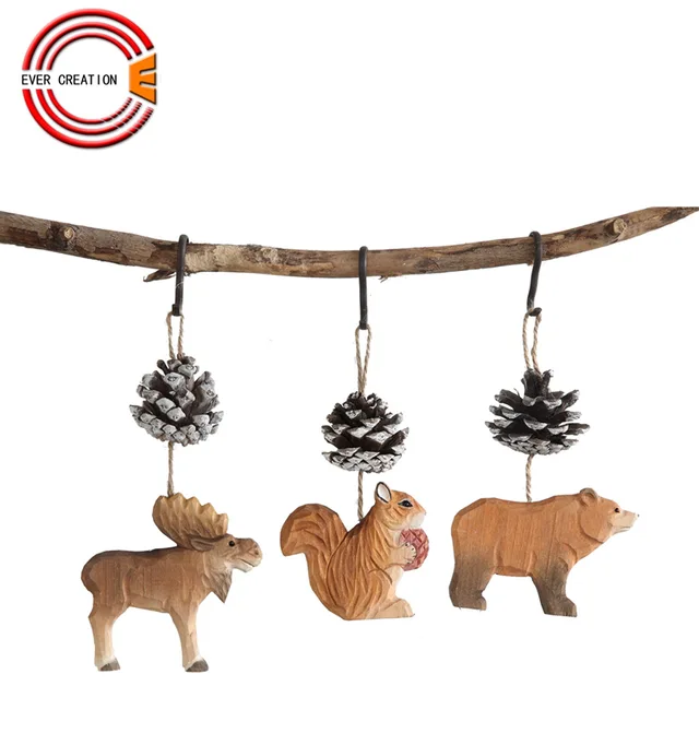 Hand carving wooden ornament crafts bear with pinecone