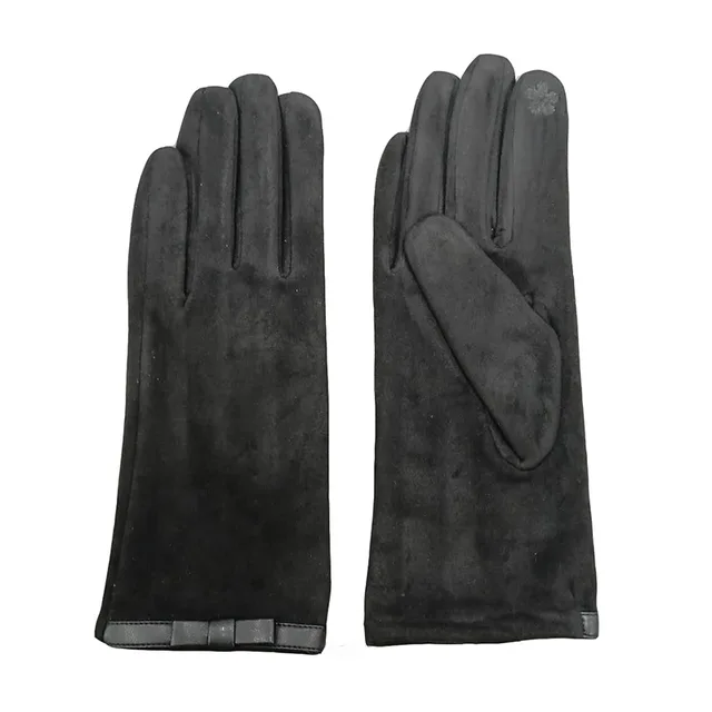 Ladies fashion faux suede gloves with pu bow