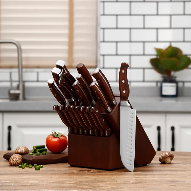 AH01-P 19pcs pakka wood handle kitchen knife set