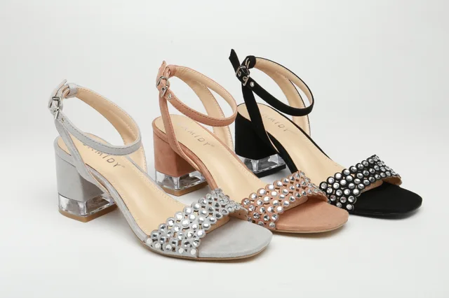 CAMIDY Women's sandals ankle strap square head transparent block heel fashion diamond PU sandal