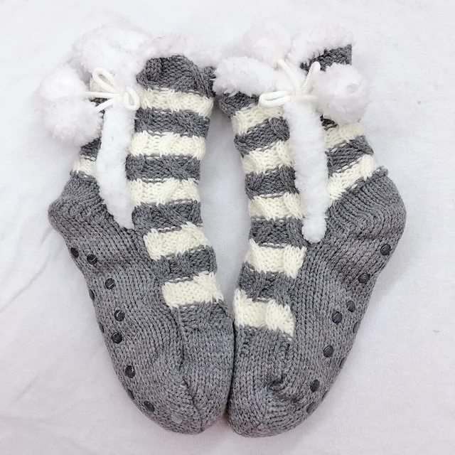 Womens acrylic double layer home socks whith pompom