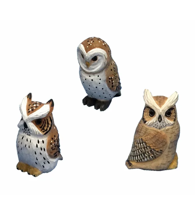 Decorative hand carved wooden animals owl and eagle