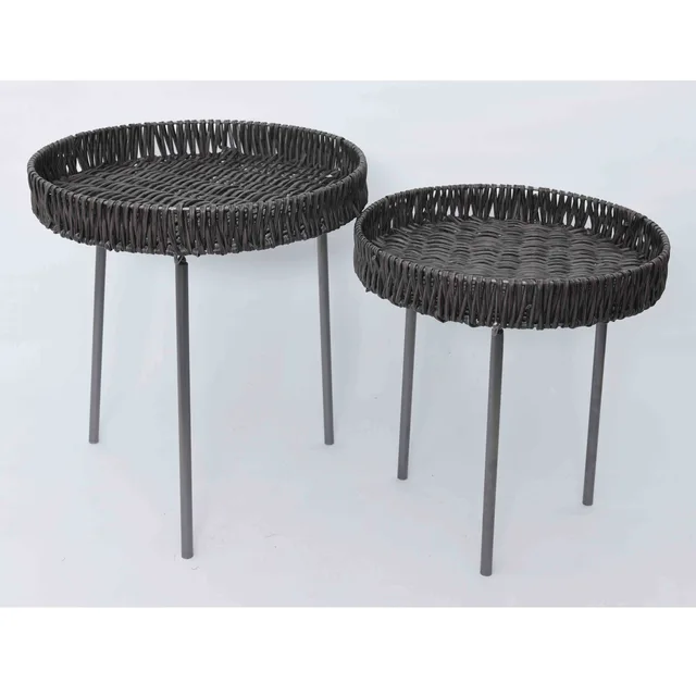 2 Pack Round End Table Imitation rattan top Coffee table Bed Side Table with Wrought Iron Support for Living Room
