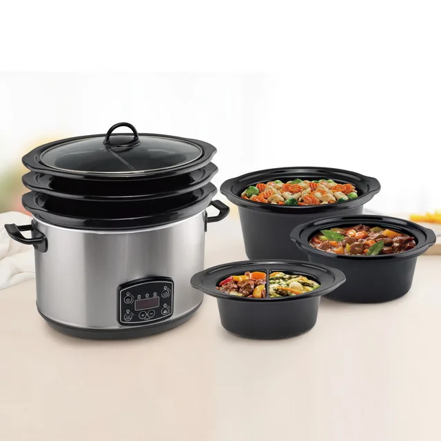 Mechanical control Stainless steel Oval Slow Cooker CROCK POT with 3 Ceramic Pot 5.6L