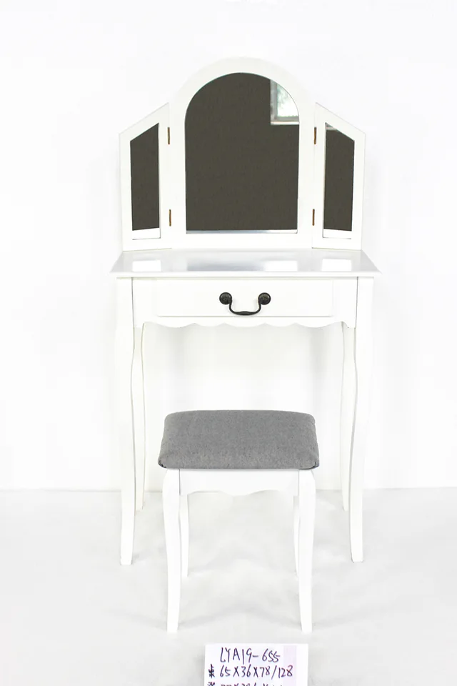 Modern white wooden dressing table with mirror and stool for bedroom