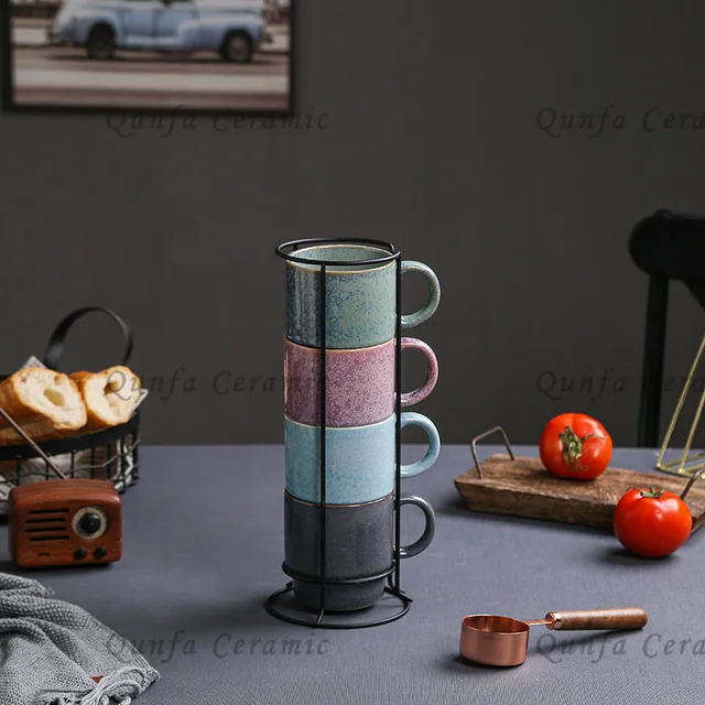 Ceramic 4pcs Colorfull Stackable Mug Set with Wire Stand