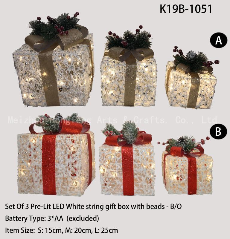 Set of 3 Pre Lit LED white string gift box with beads, Battery operated, Christmas parcel with lights, Holiday Decoration for Patio, Lawn & Garden xmas