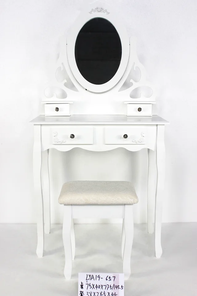 Modern white wooden dressing table with mirror and stool for bedroom