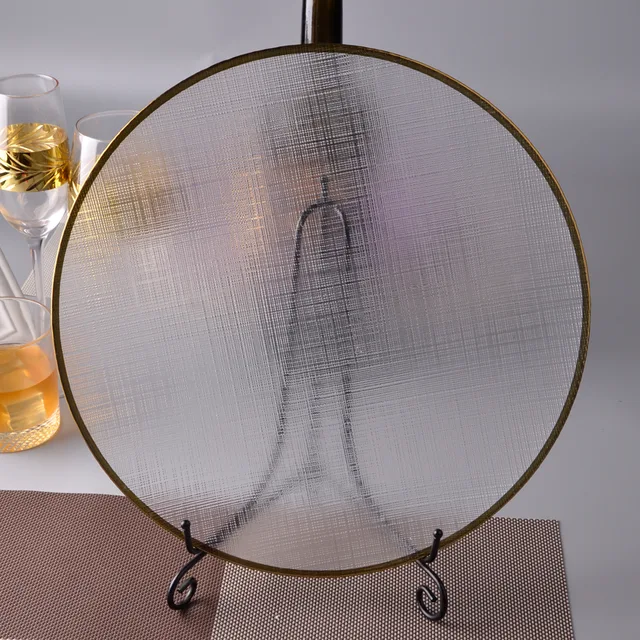 Flat woven fruit glass charger plate with gold rim, restaurant dining room glass charger plate