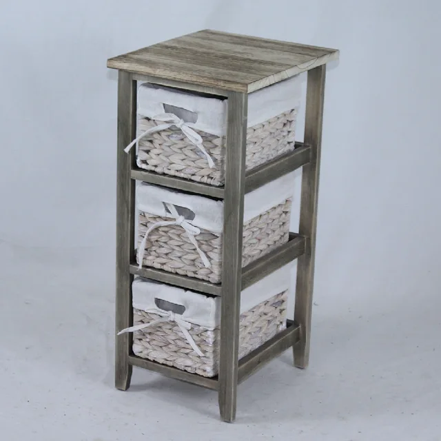 3 drawers water hyacinth basket wooden cabinet