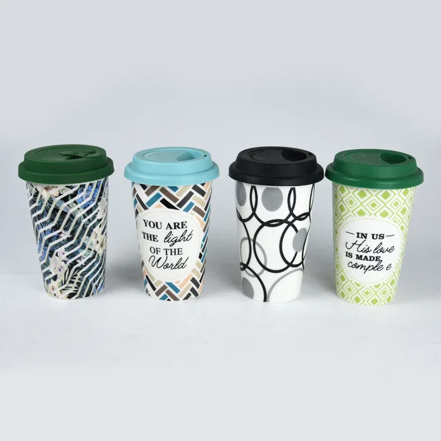 11OZ Porcelain Double Wall Mug with Printing and Silicone Lid