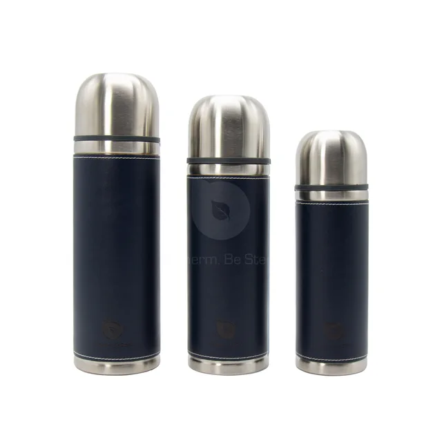 Stainless Steel Thermos Bullet Shape Vacuum Flask with Leather Sleeve 500-1000 ml