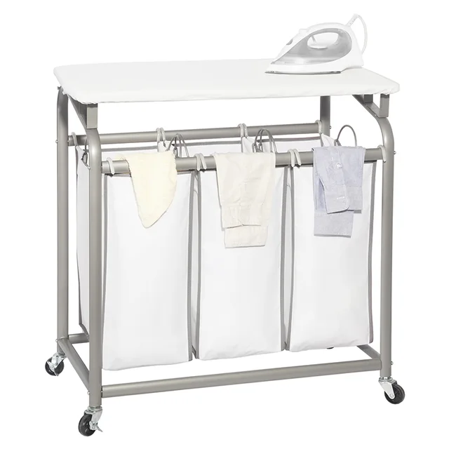 Deluxe triple laundry sorter with ironing board