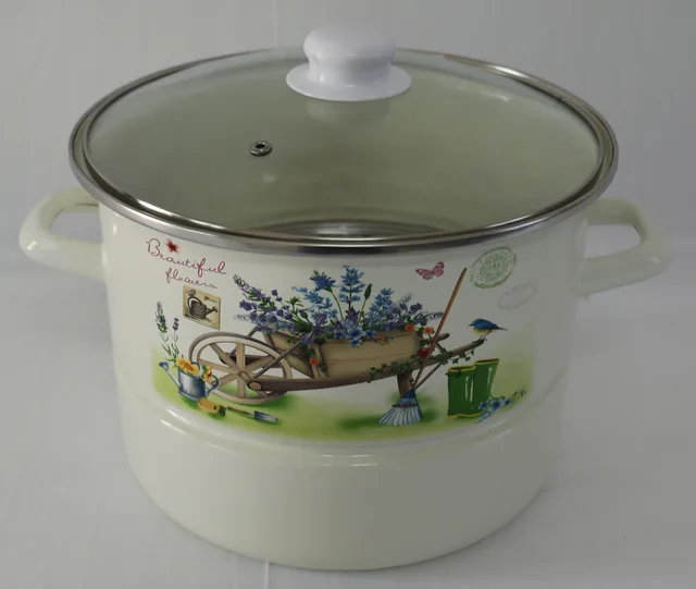 Enamel Steamer, White With Deco.
