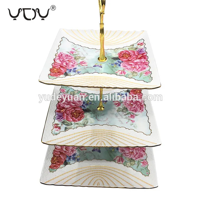 YDY flower design square three-layer ceramic birthday cake plate