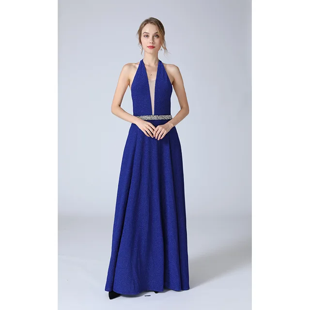 Women's halter neck rhinestone waist backless evening dress
