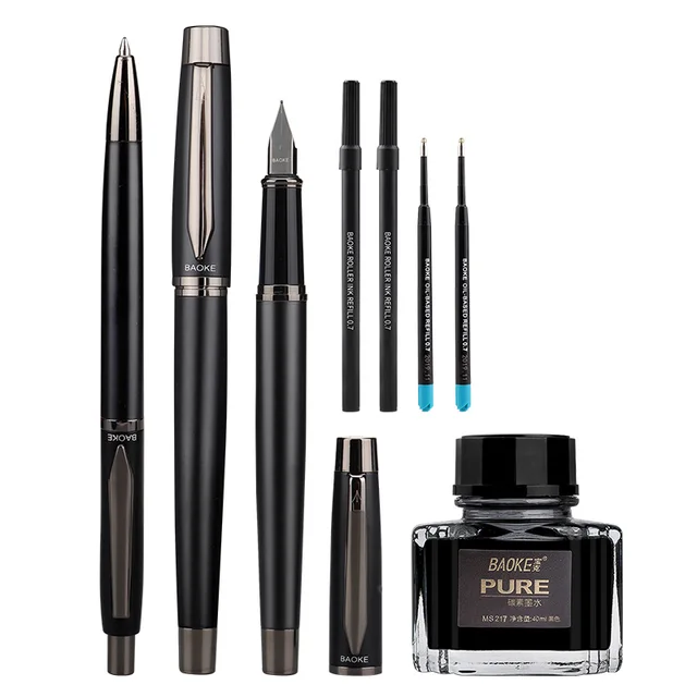 T10 gift box with 1pcs all metal body fountain pen,1pcs roller pen, 1pcs ballpoint pen and 4pcs refills and 1 bottled ink ideal business gift