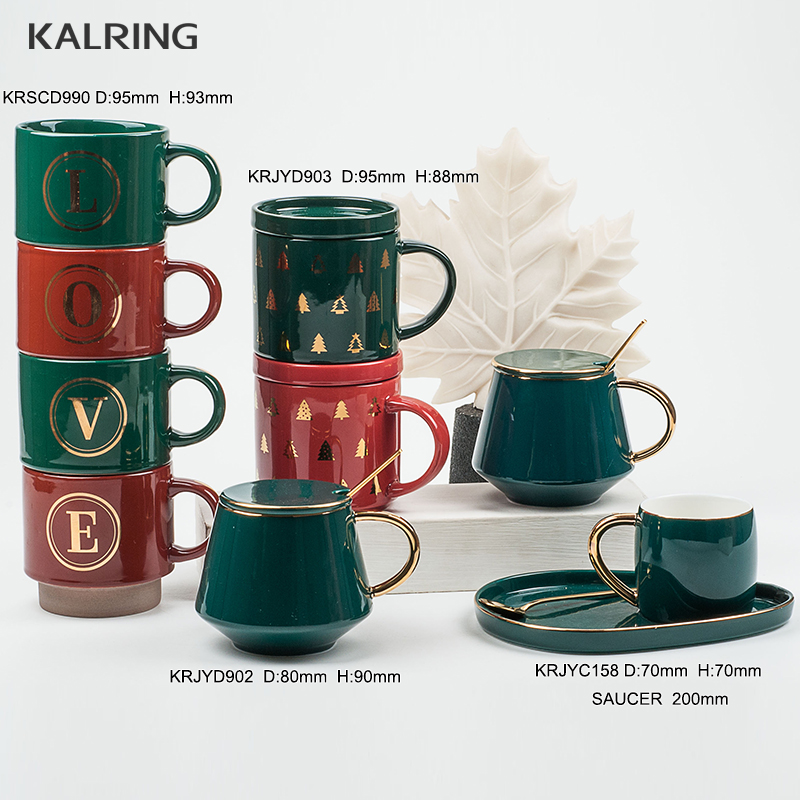 Ceramic mug ceramic cup and saucer with color galze with golden decal printing for christmas