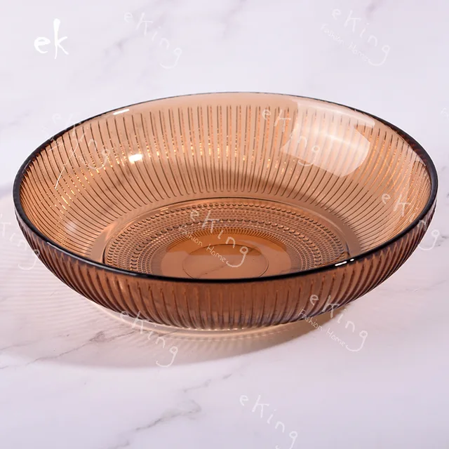 ##EKING handblown glassware glass dish with base stripe pattern nordic style brown color