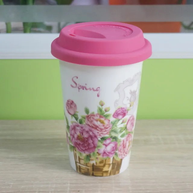 New bone china 370ml double wall mug with silicone lid