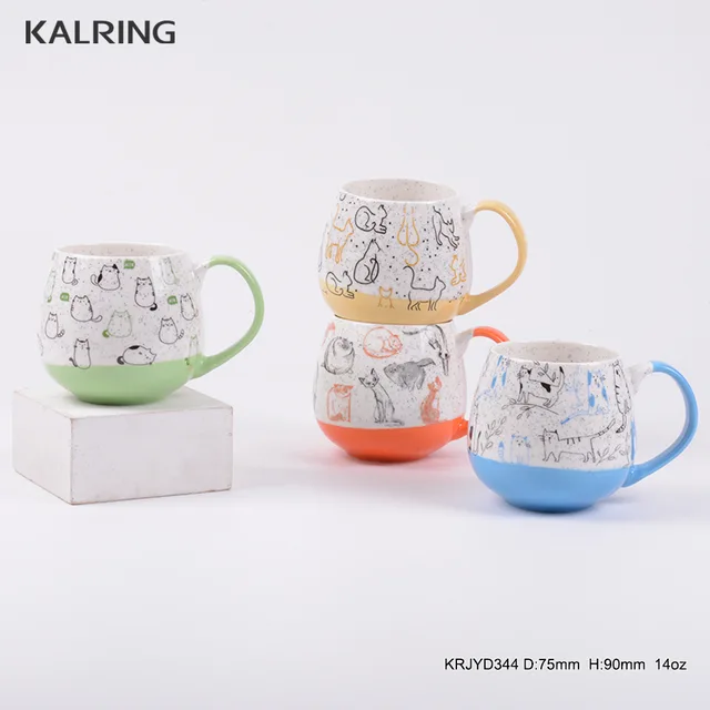 New bone china mug half color glaze with sesame cartoon designs