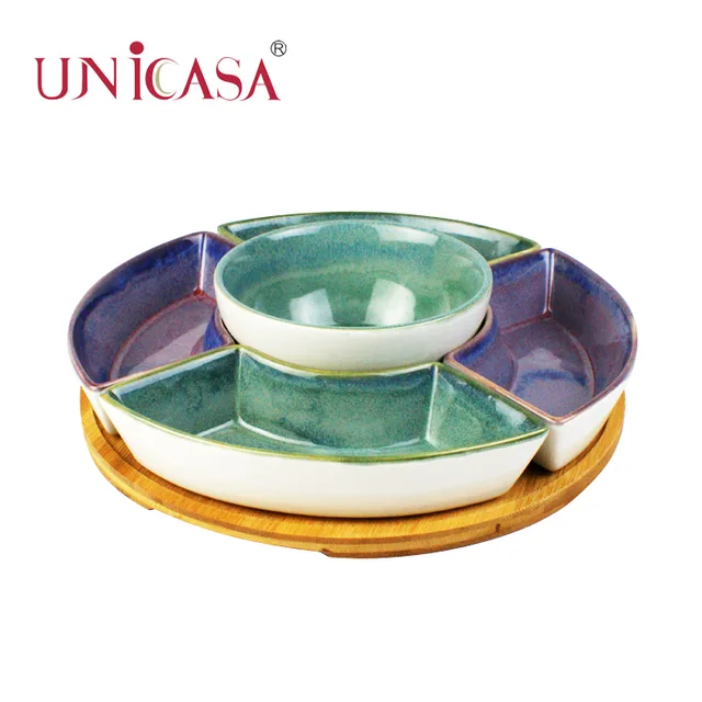 S/5 ceramic bakeware cold dishes with bamboo tray snack dish oven dish mini baker set round bowl serving baking dish
