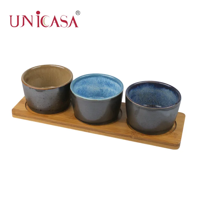 Ceramic Bakeware 3pcs Serving Round bowls with bamboo tray round dish oven baker