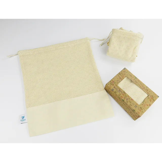 Custom drawstring splicing cotton cloth mesh eco vegetable packaging bag