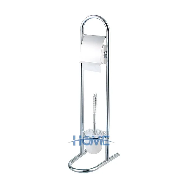 Home Bathroom Free standing Stainless Steel Tube Detachable Plastic Round Cleaning Toilet Brush and Tissue Paper Roll Holder