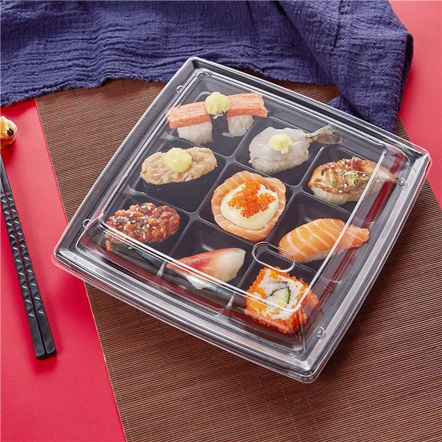 SM1-3111Black Compostable PP BOPS sushi tray with lid with different sizes