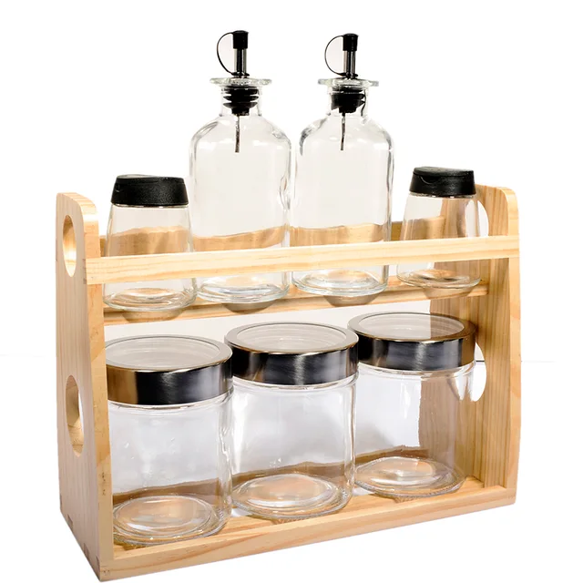 7pcs glass storage jar with wooden rack set