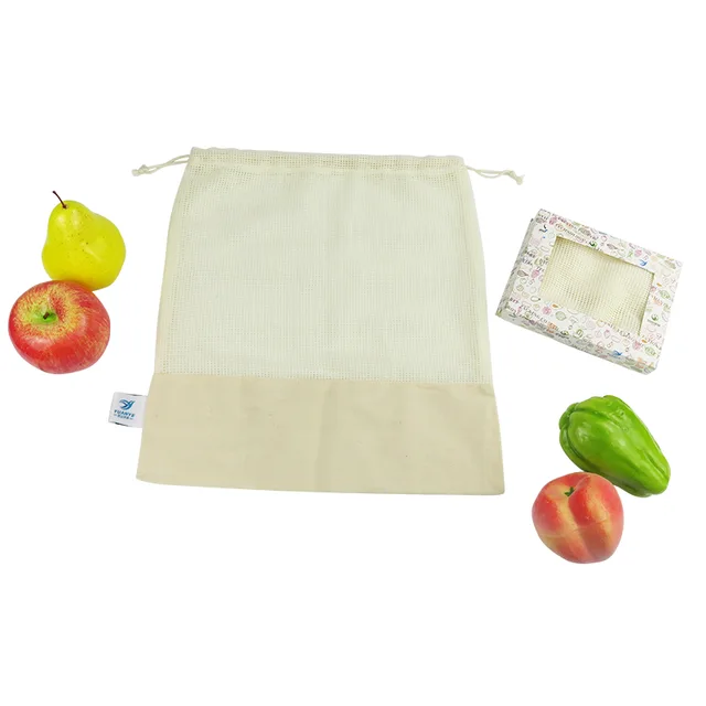 Custom made drawstring splicing cotton cloth mesh bag