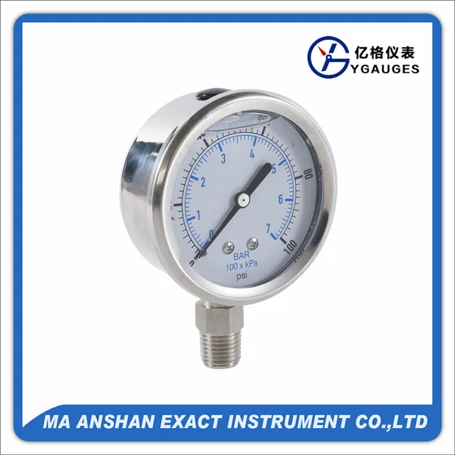 All S.S. Glycerine filled pressure gauge, crimpled type, bottom connection, 304 stainless steel case, S.S. connection