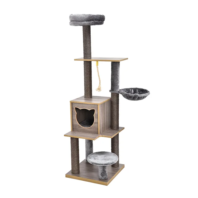 Muti-platform wooden cat tree with hammock