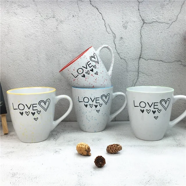 2020 Latest Stoneware Mug with print and speckle with colored rim for home restaurant 500 ml 18OZ coffee mug cerami mug