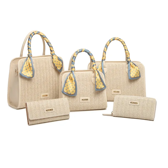 Elegant PU Handbag Straw Crossbody Silk Scarf Decoration Tote Bag Long Trifold Single Pull Wallet