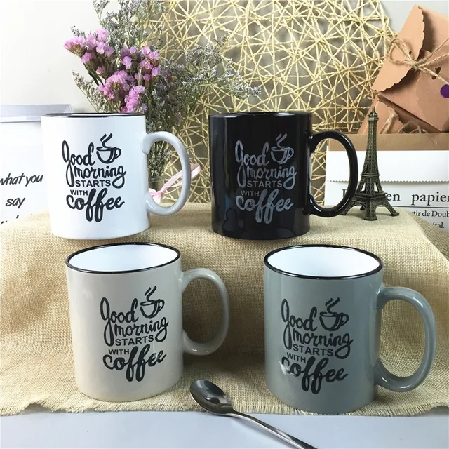 11OZ promotion ceramic mug “GOOD MORNING START WITH COFFEE” mug promotion mug for tea and coffee for home restaurant 340 ml black and white color 11OZ coffee mug stoneware mug