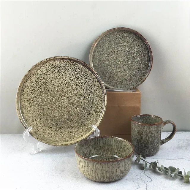 Ceramic dinner set 16pcs 2020 NEW stoneware 10.5 inch dinner plate 6" soup bowls 14OZ ceramic mug BROWN REACTIVE STREAM