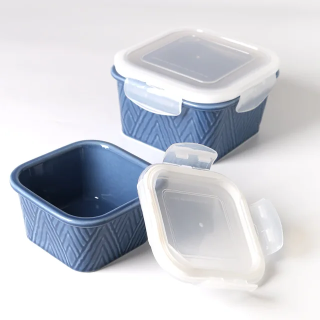 5.7"Food storage container,PP lid,embossed texture,Oxidized glaze,square ，Ceramic food storage container,embossed texture