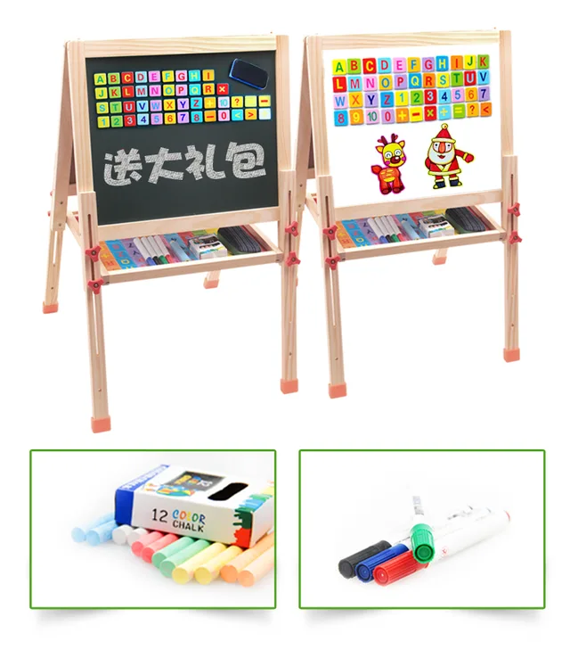 Wooden Art Easel Children Easel with Magnetic Chalkboard Kids Black/White Board Easel -C