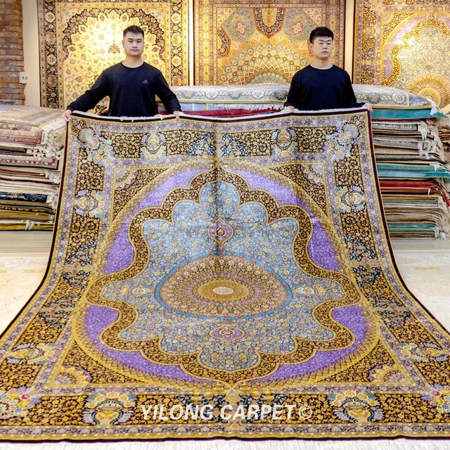 Yilong 8'x10' hereke persian blue and purple hand knotted oriental carpet