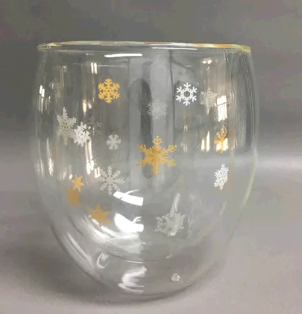 Double wall glass cup with inner layer snowflake printing