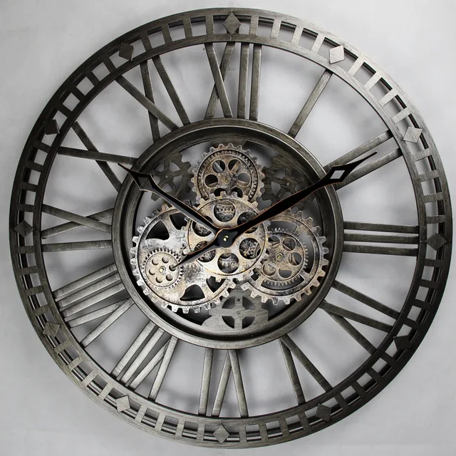24" 60cm Large Antique retro silver Wrought Iron steel designGear Wall Clock