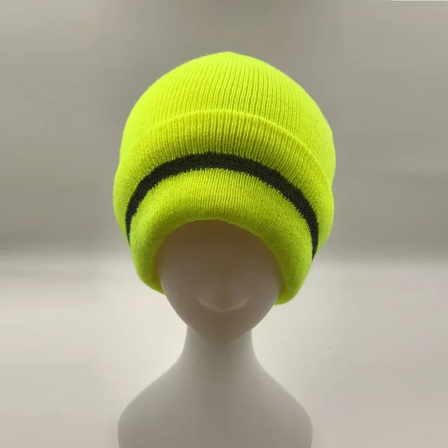 Custom Acrylic Knit Stripe Reflective Beanie Winter Thermal hats