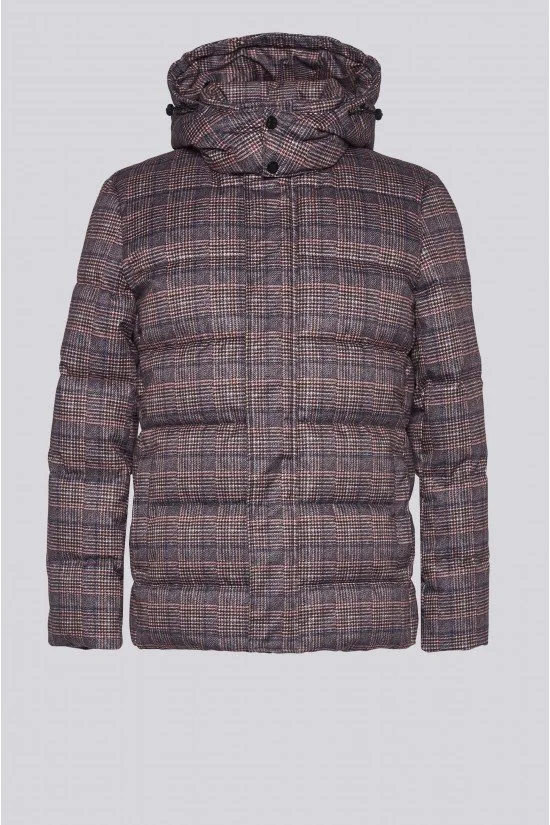 Men's printed check coat with hood