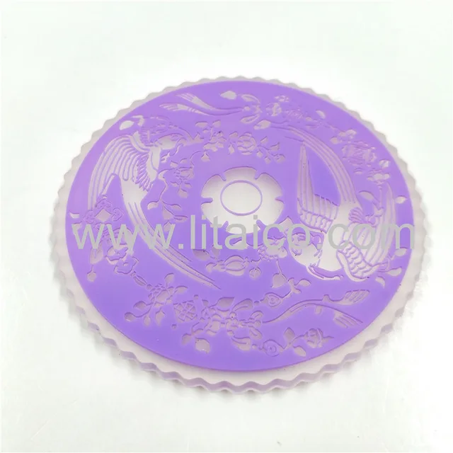 Rounded transparent back rubber purple flower PVC coaster