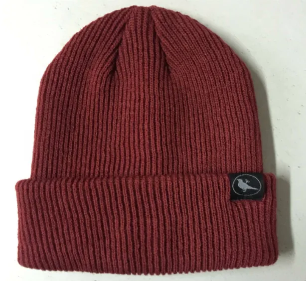 100% Acrylic rib knit beanie with custom woven label
