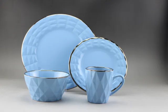 Stoneware Embosse Dinner Set With Gold Rim